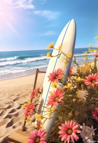 surfer surfboard and flower clipart, in the style of unreal engine 5, hyperrealistic murals, 32k uhd, i can't believe how beautiful this is, seaside scenes, airbrush art, tinycore