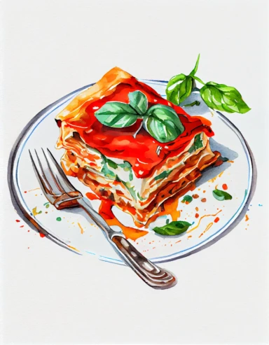 detailed watercolor lasagna on a plate with fork, realistic, isolated on white background, clipart