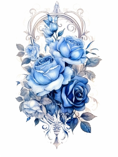 vintage beautiful victorian shabby chic blue roses frame on white background, blue theme, watercolor illustration, clipart