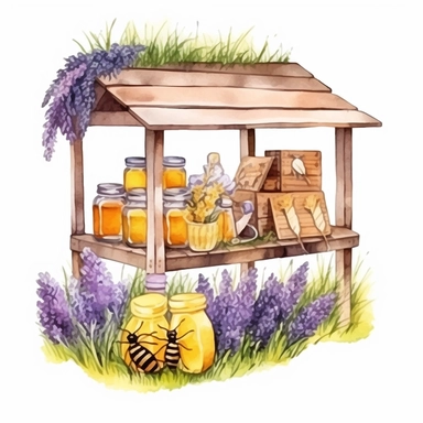 hand drawn honey stand, honey for sale, flowers and grass, shades of yellow and purple, very detailed, very realistic, watercolor, clipart style white background with margins
