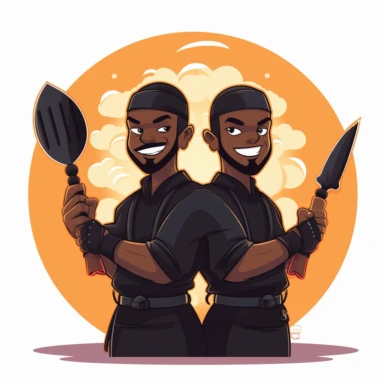 two black men ninjas, holding cooking utensils, standing back to back, action, clipart, cartoon style, minimal