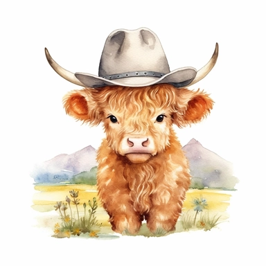 a highland baby cow wearing a cowboy hat standing in a field, watercolor clipart on white background