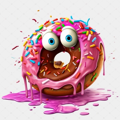 clipart of a messy female donut, there is a funny face in the female donut, cartoon, for kids, rainbow color frosting, funny, pixar, 8k, white background, sharp focus, detailed,