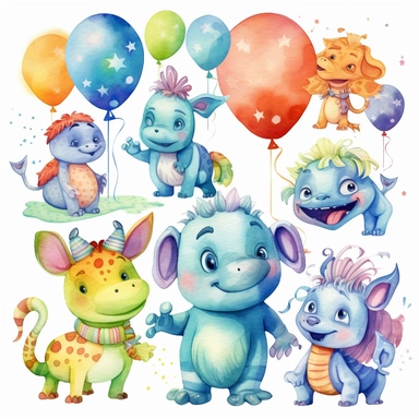 Theme: watercolor clipart | Concept: happy birthday | Emotions: cute, happy, celebrating , joy, funny | Scene: animals laughing | Style: pixar style | ultra detailed