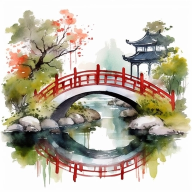 watercolor colorful clip art chinese garden with bridge, on white background,