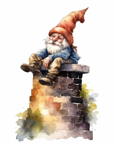 watercolor clipart of a gnome going down a chimney , isolated on white background, hyper realistic