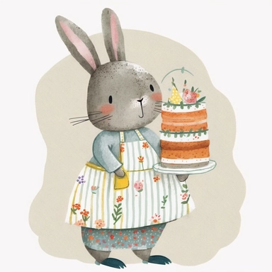 clipart, beautiful smiling,smiling little gray bunny,wear beautiful apron, with cake, Usborne and Eric Carle,