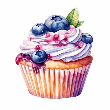 light Watercolor Yummy blueberry cup cake clipart, hd, single object, white background, no text watermark