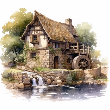 A highly detailed watercolor drawing of an ancient medieval rustic cottage nestled among lush greenery, with a majestic waterwheel turning gracefully next to a tranquil river, all set against a pure white background. The cottage showcases intricate stonework, thatched roof, and timber beams, while the waterwheel features weathered wood and cascading water, creating a sense of serenity and harmony with nature. The watercolor clipart style adds a touch of whimsy and charm to the scene, with soft b