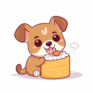 kawaii cute puppy eating a cake minimal cartoon illustration clipart, friendly, simple, on white background