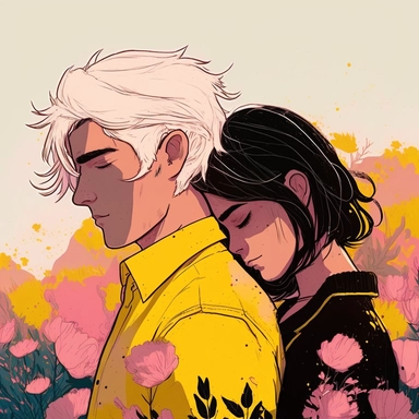 Dreamlike hyper realistic illustration of a couple in love embracing. The man has black hair. The girl is has white hair. In a field of pink and yellow flowers. Flat colors, simple lines, gorgeous lighting, graphic novel style, 2d painting, ink painting style, digital art, childrens character design, happy mood, pixar style cartoon, line work, minimalist, watercolor, 8k, PNG, clipart on white background, sticker style, studio ghibli vibe, studio ghibli style,
