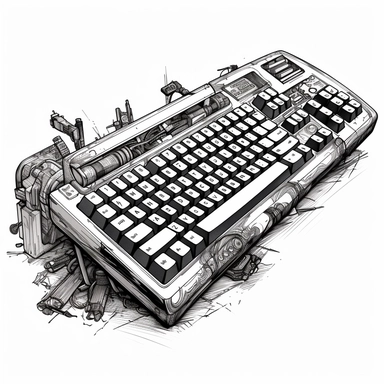 image of a custom mechanical computer keyboard, black and white, logo, clipart, cartoon style