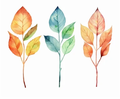 watercolor four tree leaves clipart, flat style, no volume, few details, washed out, minimalistic style, very lose details, very light colors, transparent colors, light airy hues and pastel tones, spaced out, white background, washed out colors and paint, hand-painted watercolor, watercolor paper with visible rough paper texture, a variety of watercolor brushes, do not cross workspace borders, rough watercolor paper texture on top