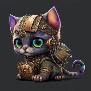 3D patchwork clipart, steampunk, stitched fabric kitten, colorful die cut sticker, patchwork quilted mechanical little cat, 3D, HD, unreal engine, 8k, centered