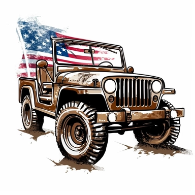 Military jeep equipped for USA independence day, painted in flag colors, Pixar style, vibrant colors, clipart with white background, - - v 5