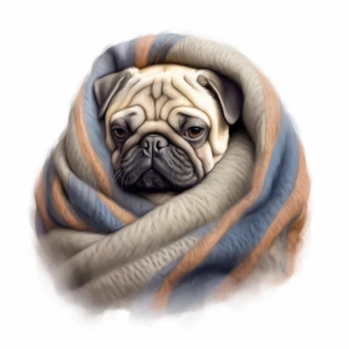 pug sleeping, wrapped in a blanket, digital painting and drawing, clipart, full body, hyper - realistic animal illustration, childlike, free brushwork, white background