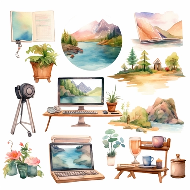 watercolor clipart set open computer with landscape and action with characters