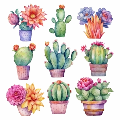 Boho Cactus Watercolor Cliparts, high definition 8k , illustration, sublimation, white background for removing background