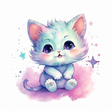 A drawing of a cute little kitten sitting on a pink background.