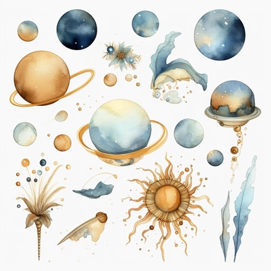 celestial clip art, light blues and golds, crystals, mushrooms, suns, planets, watercolor, clipart