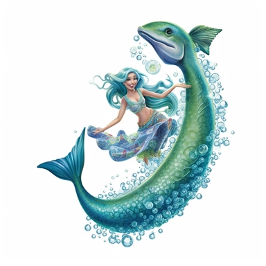 Imagine a playful clipart mermaid with a blue and green tail, riding a friendly dolphin through sparkling waves, their laughter echoing in the air against a white background.