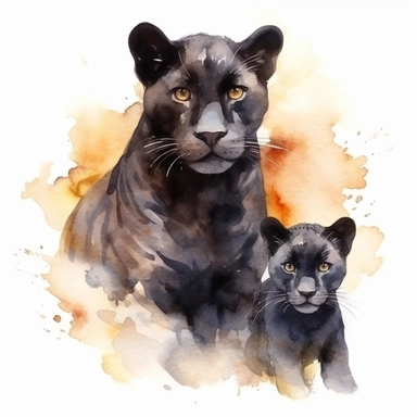 watercolour clipart, black panther and baby panther, full body, rich earth tones, sublimations