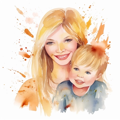 Blond mother's day watercolor illustration, with her son, cute happy family, watercolor clipart, watercolor splashes, cartoon style, white background