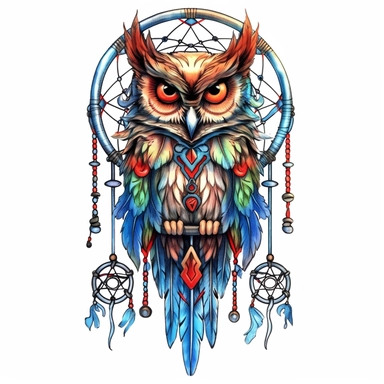 an watercolor owl sitting on their dream catcher, in the style of colorful watercolors, punk rock aesthetic, eye-catching, hinchel or, avian-themed Clipart desert cartoon t-shirt graphic, vector,contour, isolated on a white background
