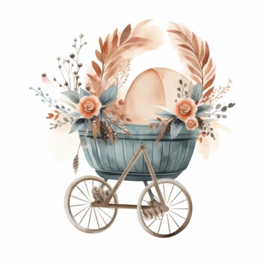 CLIPART, cute, boho baby carriage illustration, newborn, nursery, maternity, texture