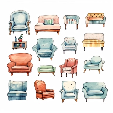 clipart furniture watercolor flat color simple lines cute cartoon white background ,---q 3