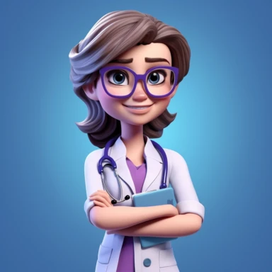 3d render. Cartoon character caucasian woman doctor wears glasses and uniform. Medical clip art isolated on blue violet background. Health care consultation, medical science