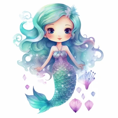 Watercolor pastel baby mermaid, full mermaid with tail, dreamy style clipart on a white background in the style of kawaii sticker art, hand-drawn, storybook illustration, colored line art, colored outlines, queencore design, ombre, cool tones: colored line art, colored outlines, iridescent ombre, gradient shading, cool tone, plain white background, svg clipart