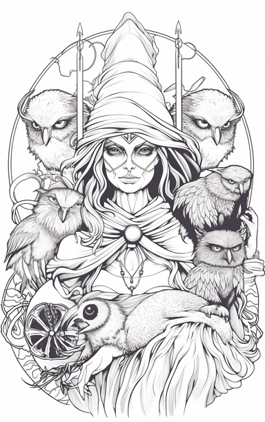 Coloring cartoon page for adult,witch clipart 6 witches, owl, in the style of reimagined by Dr. Seus, mystic mechanisms, illusory images, witchcore, lith printing ,clear and clean line art, white background