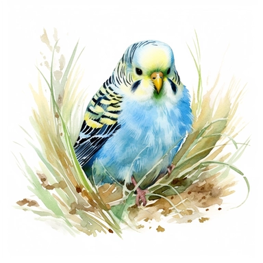 An endearing watercolor Budgerigar bird clipart of Budgerigar bird, eating grass 300DPI