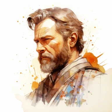 A whimsical, classy, creative profile drawing of Obi-Won Kenobi from Revenge of the Sith, Watercolor Clipart,comic, strybk, full Illustration, 4k, sharp focus, watercolor, smooth soft skin, symmetrical, soft lighting, detailed face, concept art, muted colors, watercolor style, strybk, children's style fairy tales, chibi kawaii, . Octane rendering, 3d. Perfect face, detailed face, delicate face, perfect sharp lips, detailed eyes. Craig Davison, Aubrey Beardsley, Conrad Roset, Aikut Aidogdu, Agnes