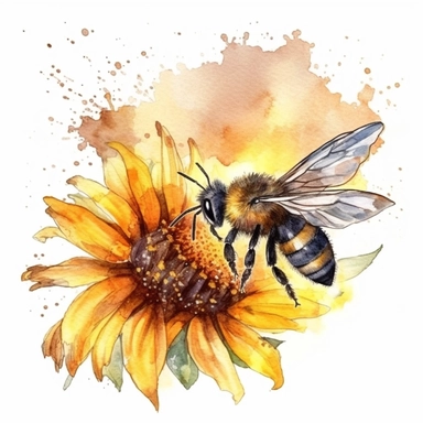 a honey bee flying into the sun, watercolor, fantasy, white background, black and white ink, clipart