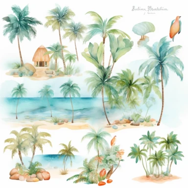 Tropical island beach clipart set isolated on white, watercolor, turquoise - - no photograph