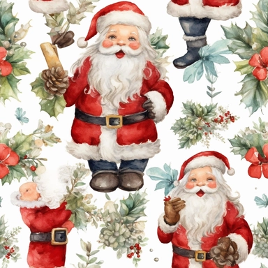 seamless, detailed watercolor, 1 christmas cute santa clipart, 5 fingers, hd, 4k, ultra quality, high quality,