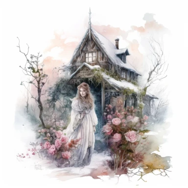 isolated on white illustration watercolor Biochromism art of a beautiful witch, white and light pink roses and flowers, covered with snow and ice, a lot of moss and branches, old house, trees, lace and embroidery, masterpiece by Tomasz Alen Kopera style and by Carl Holsoe style and by Hannah Dale style and by Alexander Jansson style, PNG clipart, isolated on white, white background, extreme photorealistic details, 32k HD resolution, realistic high detailization high resolution