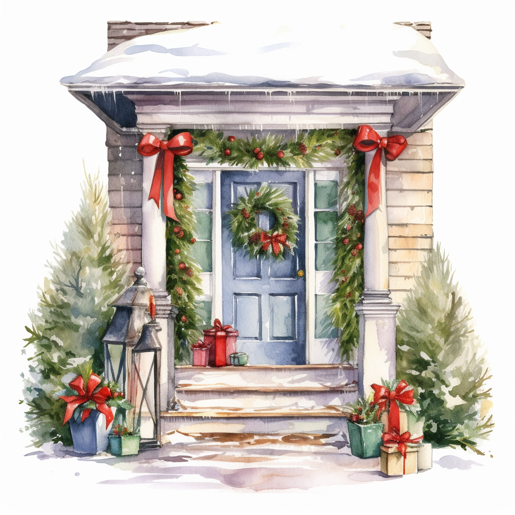 vector watercolor cute Christmas porch clipart on white background ...