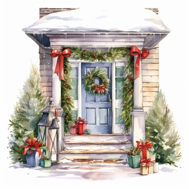vector watercolor cute Christmas porch clipart on white background, holiday Christmas porch, photorealistic, ultrarealistic, no background, on white
