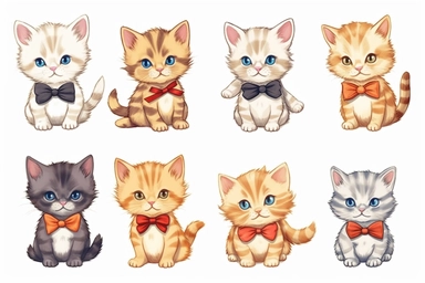9 sets of a cute baby kitten Munchkin, smile,round face,round head,Wearing a flower bow tie,different poses,different breeds, clipart, isolated on white background, spaced out,