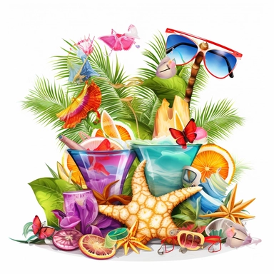 print artwork in digital painting style, palm trees, seashells, starfish, hibiscus, cocktail, sunglasses, flip flops, white background, colorful fantasy sorround, highly detailed clean, vector image, photorealistic masterpiece, professional photography, realistic, flat white background, isometric, vibrant vector, clipart, illustration, realism, 4k, , cinematic, front view, white background