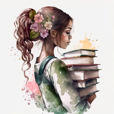 Watercolor effect, beautiful African American woman with long braids holding stack of books in hand, looking to the other side, side view, hair covering her face, wearing jeans and a blouse, covered with flowers, pink, brown, and green fabric texture with watercolor effects, flowers, butterflies, clipart png 4k, 8k, Cozy pink, brown, and green