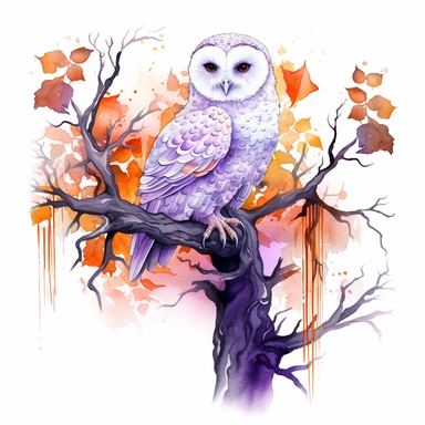 hand drawn spooky branch with cobwebs and leaves, snowy owl with glowing eyes perched on the branch,Halloween, purple and orange shades,fantasy, glamorous, , clipart style, detailed and realistic, watercolor, white background with margins