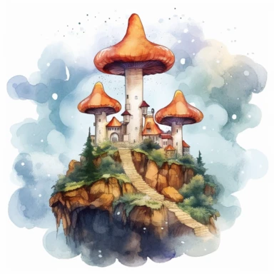 fantasy mushroom city in the clouds at sunset. white background. clipart. watercolour.