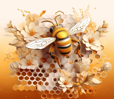3D honey bee clipart, in the style of whimsical collage work, layered mesh, brothers grimm, grid, cartoon mis-en-scene, dark white and light amber, cute and colorful