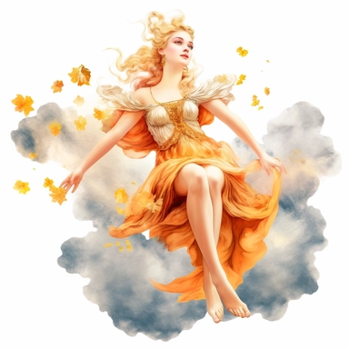 Fantasy style ancient roman Blonde Aurora Goddess on the clouds with watercolor effect,Celestial Twinkles,full body, Saffron flowers,ancient roman fashion,ancient scene,suitable for digital clipart,white background,Unrealistic Effects,Ancient Roman Features,Old style