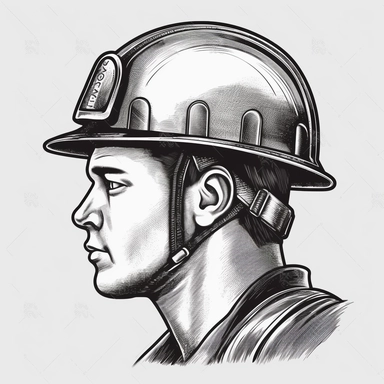 worker hard hat , vintage, logo, clean, solid color, black and white color, clip art style, vector style, white background