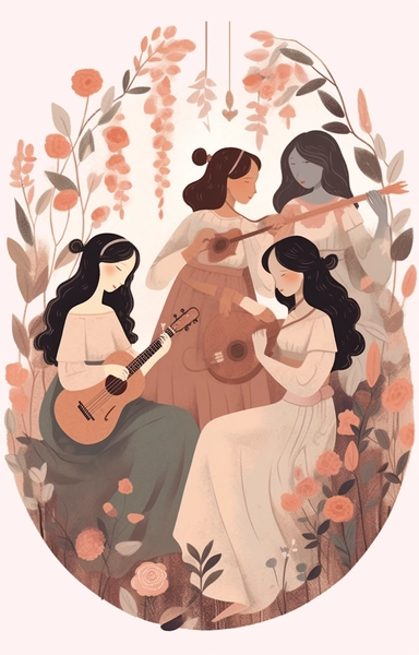 colorful clipart image of illustrations including girls in dresses seated, in the style of soft, muted color palette, ethereal foliage, dark white and pink, folkloric themes, high quality photo, mural painting, moyoco anno